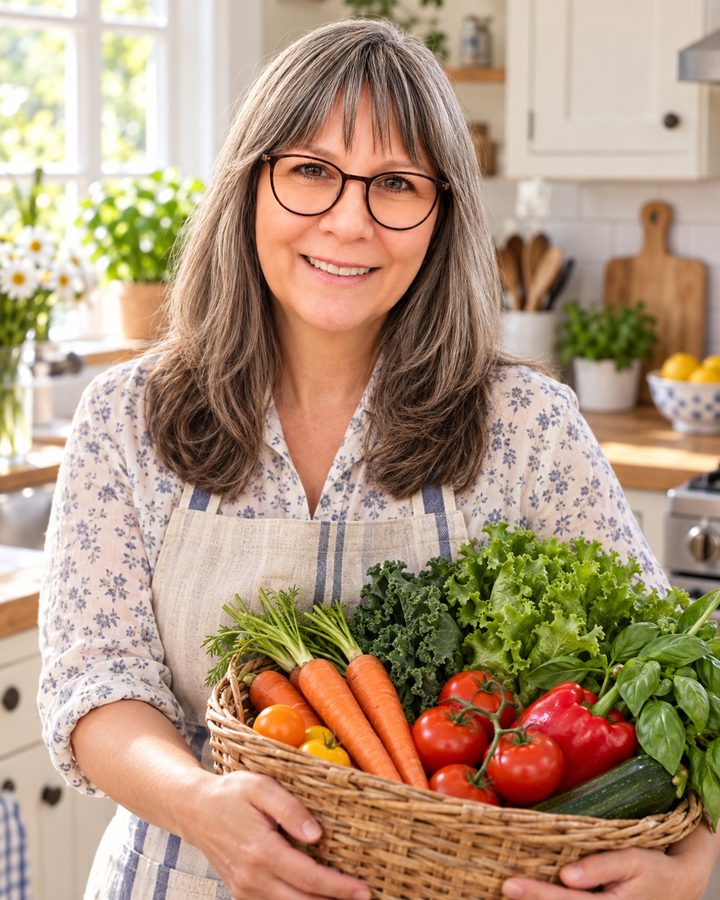 Marion Schanné mit einem Korb frischem Gemüse